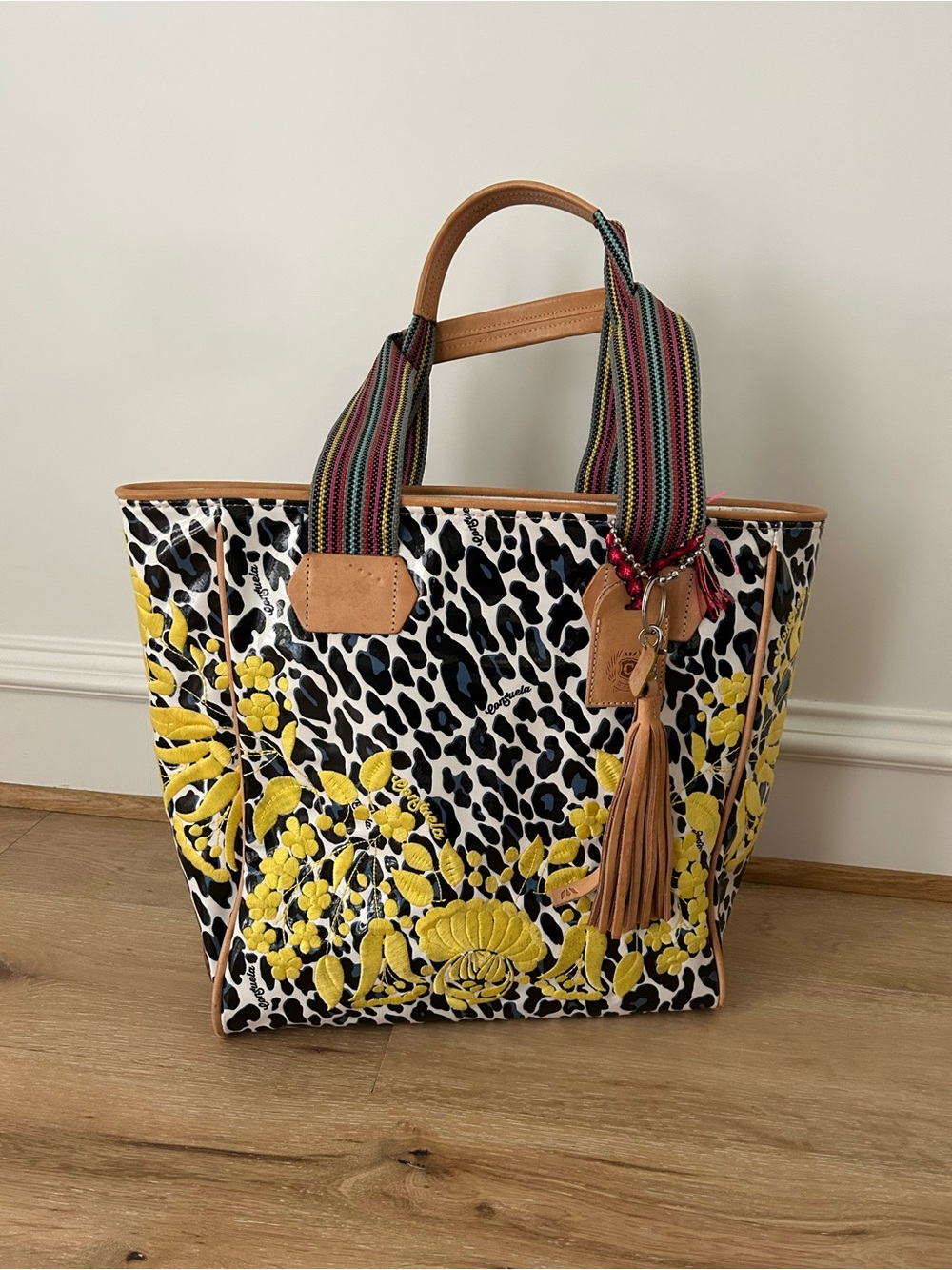 Consuela Yellow Floral Embroidered Leopard Tote with Striped Handles